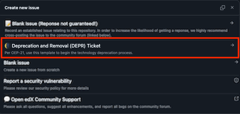 The create new issue choice list, showing the second option is Deprecation and Removal (DEPR) Ticket